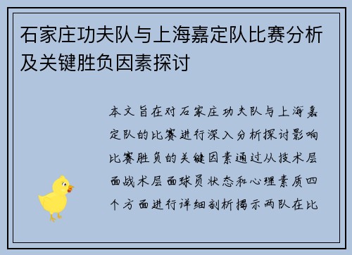 石家庄功夫队与上海嘉定队比赛分析及关键胜负因素探讨